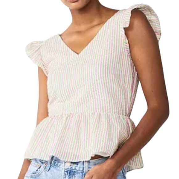 Draper James Top Flutter Ruffle Sleeve Peplum Pink Green‎ White Stripe L - Picture 1 of 15
